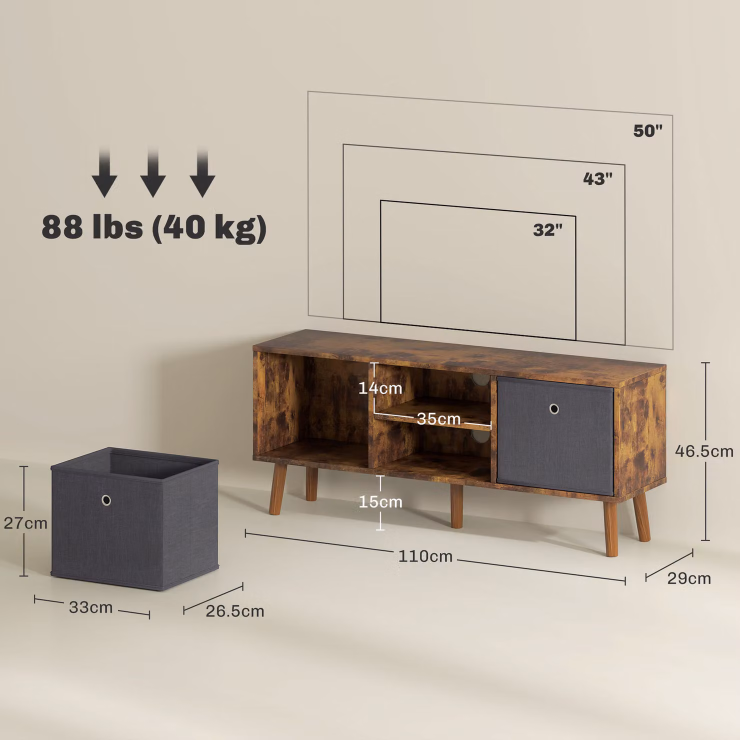 HOMCOM TV Cabinet Stand Unit for TVs up to 50 inch with Foldable Drawers, Rustic Brown Entertainment Centre – 3