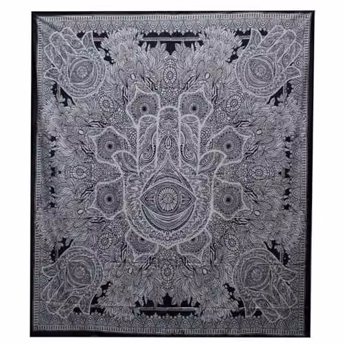 KDMD Hamsa Double Cotton Bedspread and Wall Hanging Set in Black and White with Geometric and Ethnic Designs