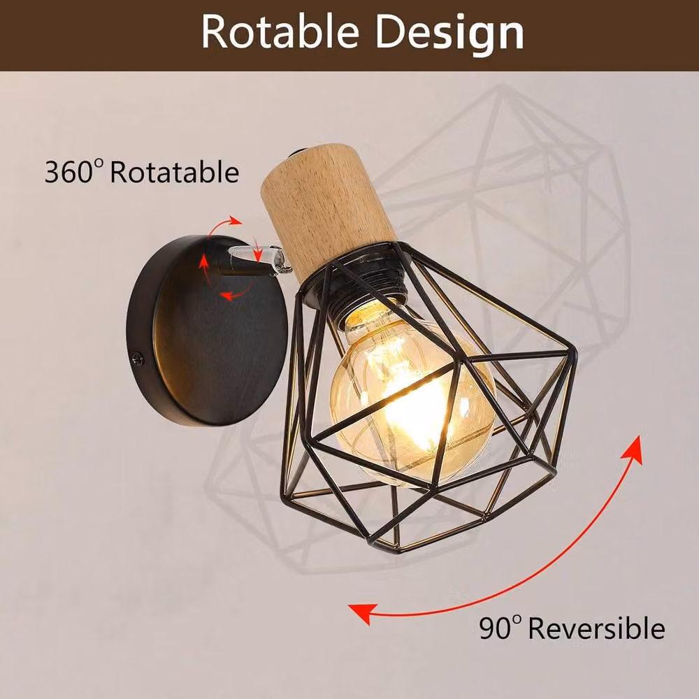 Goeco Industrial Wall Light in Black and Wood with E27 Adjustable Metal Design – 2