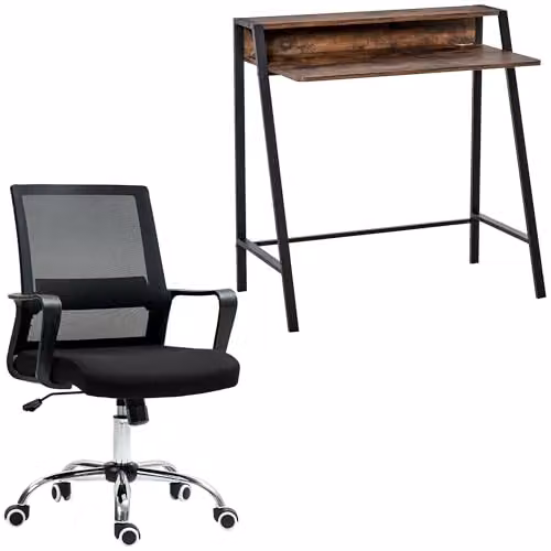 Vinsetto Home Office Desk, Chair and Shelf Set in Rustic Brown and Black – 1