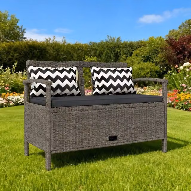 ERGOVEXA Grey Polyrattan Two-Seater Garden Storage Bench with Armrests and 160L Capacity, W/D/H: 112 x 62 x 82 cm