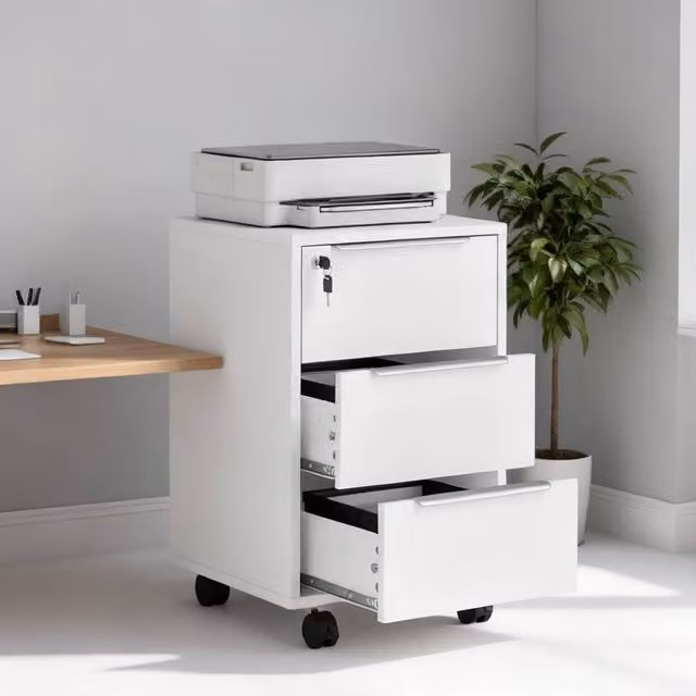 ERGOVEXA Three-Drawer Locking Filing Cabinet in White with Castors