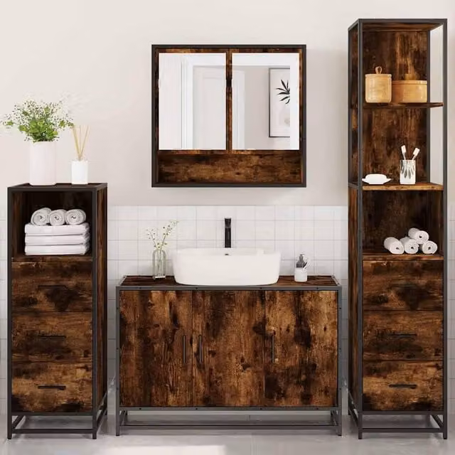 Berkfield Home 4-Piece Industrial Bathroom Furniture Set in Smoked Oak and Brown – 1