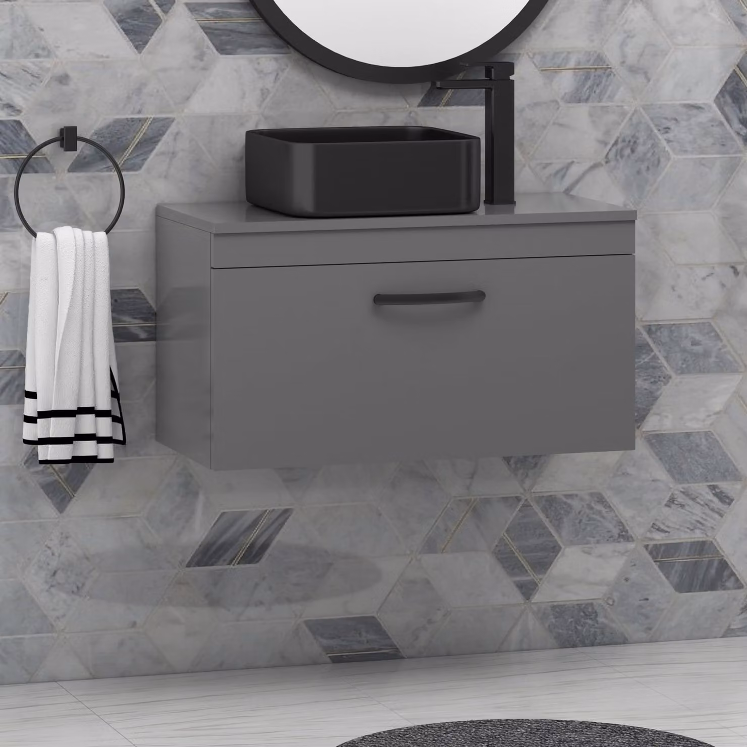 Royal Bathrooms Turin 800mm Indigo Grey Gloss 1-Drawer Wall Hung Unit and Art Square Countertop Basin