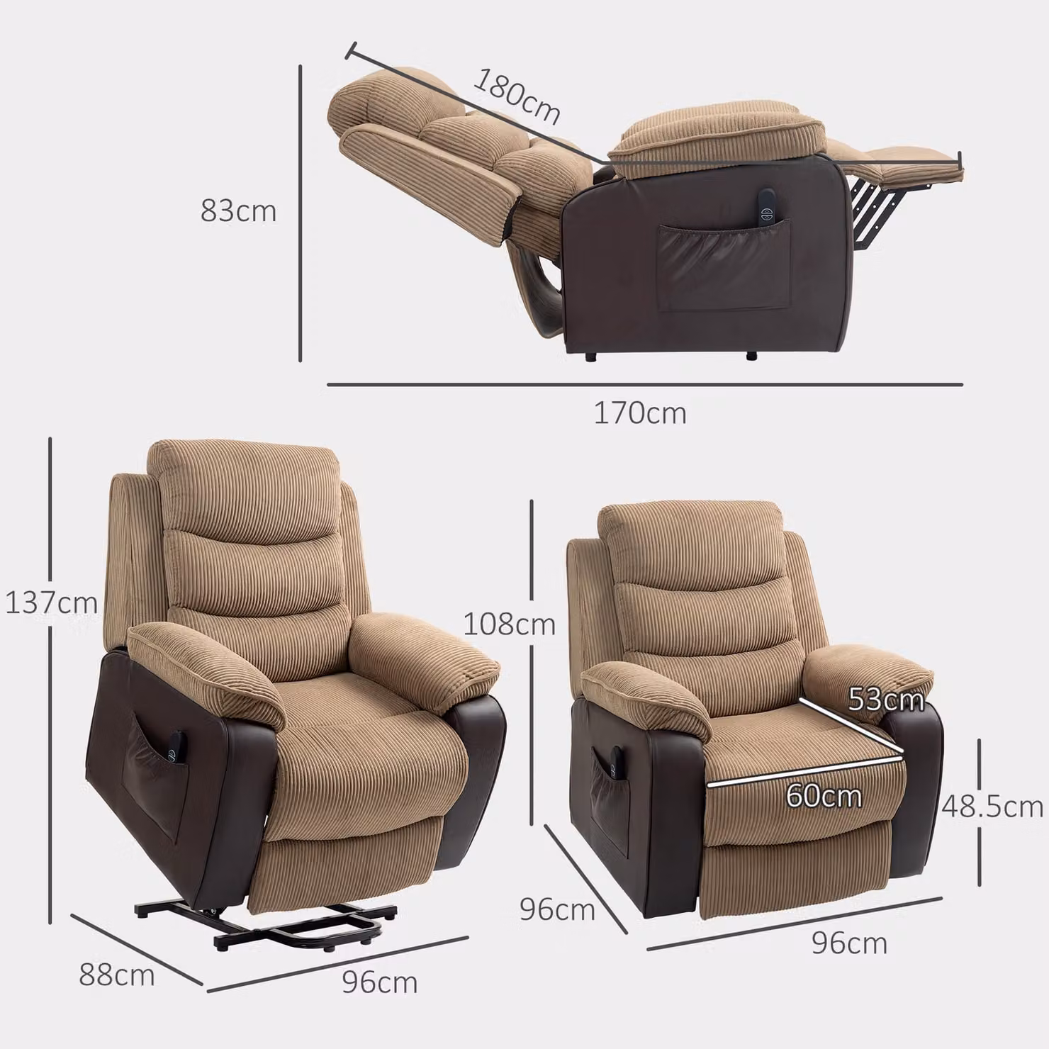 HOMCOM Brown Patchwork Design Oversized Electric Power Lift Recliner Armchair for Seniors – 3