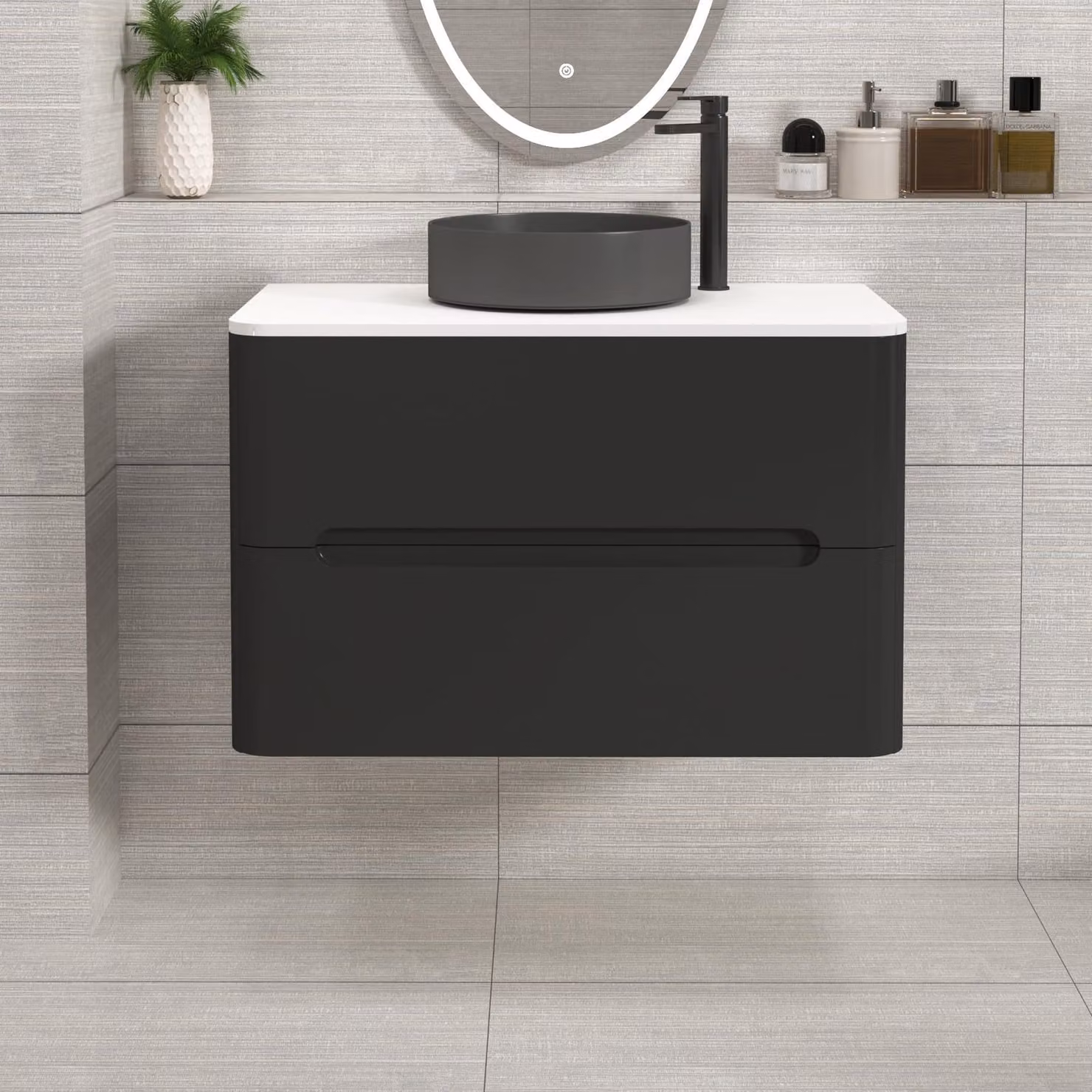 Royal Bathrooms Venice 800mm Matt Nocturne Black Wall Hung 2 Drawer Vanity Unit with Plain White Worktop and Art Round Basin