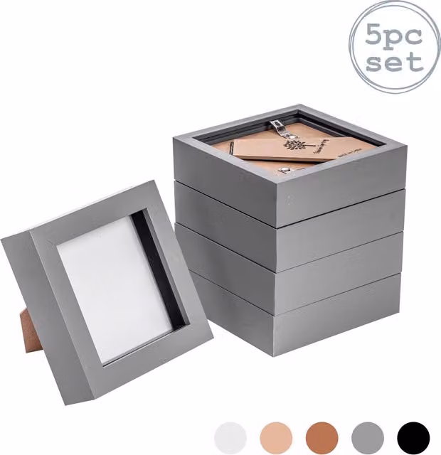 Nicola Spring Pack of 5 Grey 3D Box Photo Frames, Square, 10.16 x 10.16 cm – 1