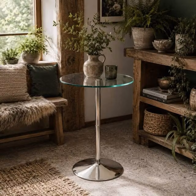 Wyld Haus Lorapa Round Clear Tempered Glass High Top Bistro Table with Steel Base, W/D/H: 60 x 60 x 102 cm – 1