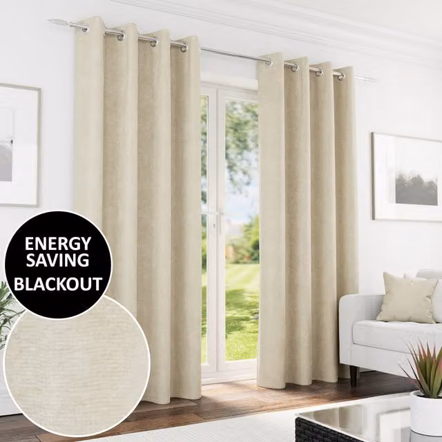 Enhanced Living Knightsbridge Plain Chenille Blackout Eyelet Curtains, Beige/Yellow, Width: 137 cm, Length: 117 cm