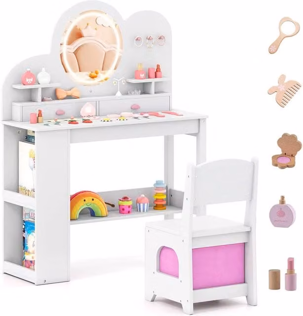Gymax Princess Vanity Table and Chair with Lights in White for Ages 3+
