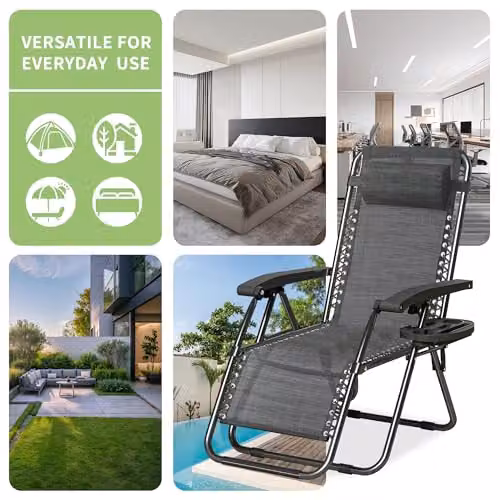 MCC Direct Set of 2 Zero Gravity Reclining Sun Loungers with Textilene Fabric, Cup Holders and Adjustable Headrests in Black and Grey – 7