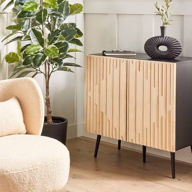 Wyld Haus Modern Rubberwood Sideboard in Light Brown with Iron Legs
