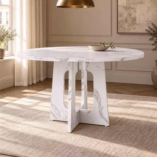 AKI HAUS Round Dining Table in White Marble Effect, Diameter: 120 cm, Height: 76 cm – 1