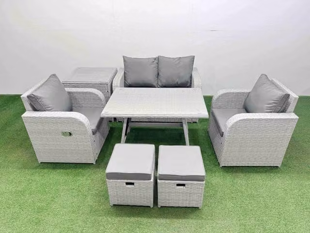 Fimous Grey PE Rattan Garden Furniture Set with 2 Seater Sofa, Lounge Armchair, Ottoman, and Side Table