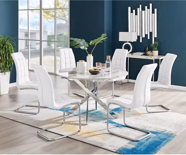 FurnitureboxUK Novara White Marble Effect Round Dining Table and 6 Murano Chairs Set, White and Silver
