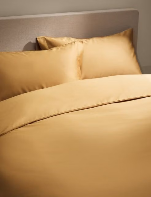 M&S Pure Cotton Mako Satin 400 Thread Count Bedding Set, Honey Yellow/Brown, W: 90 cm x L: 190 cm