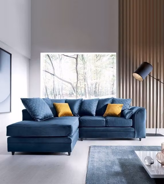 Abakus Direct Chicago Spill-Proof Velvet Left Hand Facing Corner Sofa in Dark Blue – 1