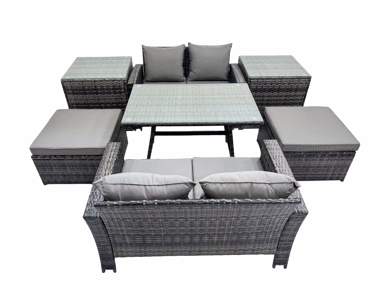 Fimous 6 Seater Outdoor Furniture Set in Dark Grey with Double Seat Sofa, 2 Big Stools, 2 Side Tables and Glass Top Table – 2
