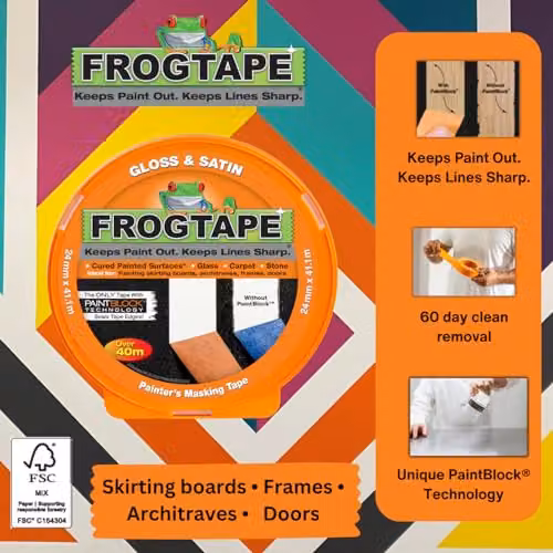 Frog Tape Orange Painters Masking Tape for Gloss and Satin Finishes, Width: 24 mm, Length: 41.1 m – 2