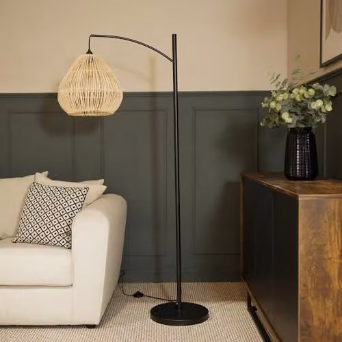 ValueLights Black Metal Curve Stem Floor Lamp with Natural Wicker Rattan Teardrop Shade, H: 157.5 cm, W: 33 cm, D: 33 cm – 2