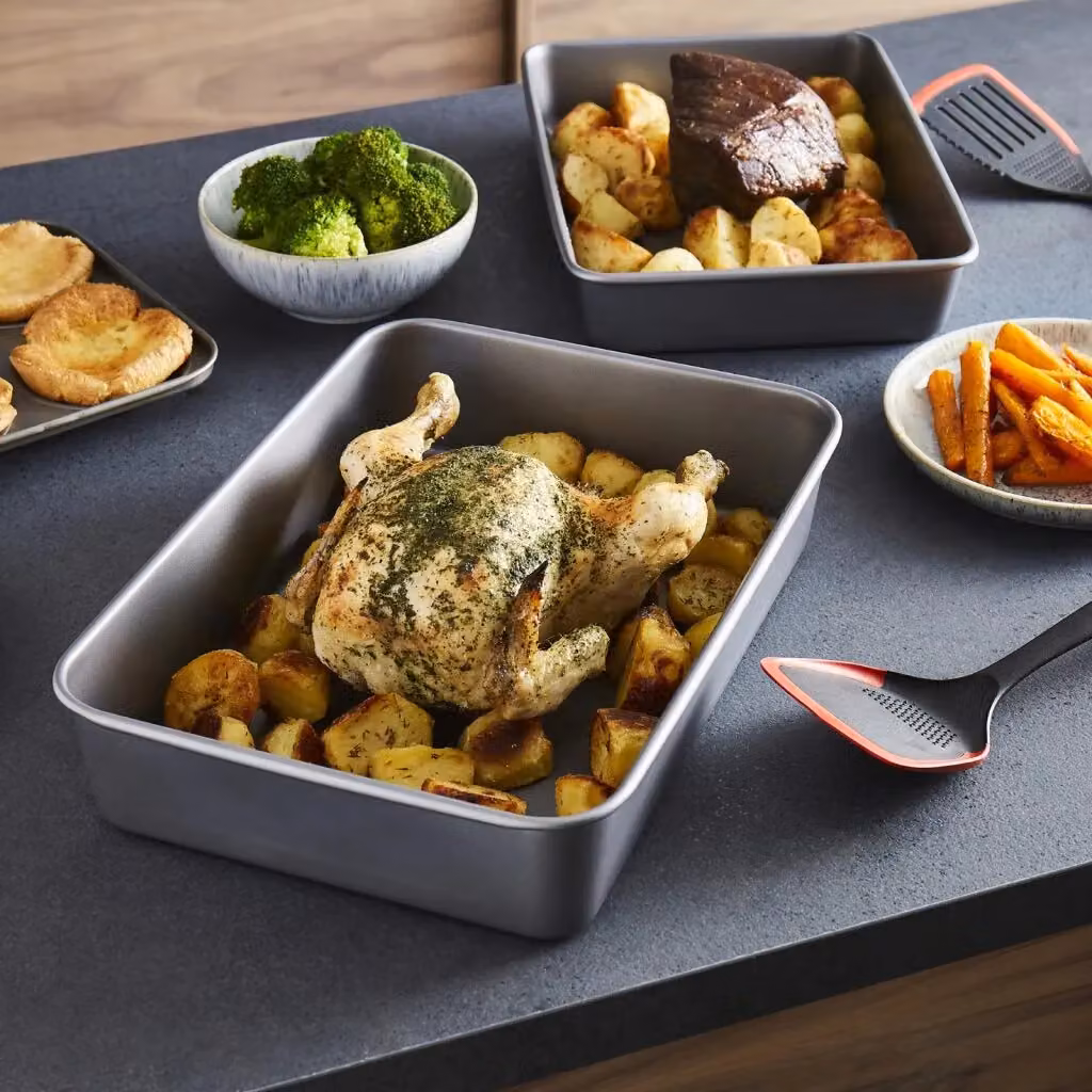 Morphy Richards Grey Non-Stick Carbon Steel Rectangular Roasting Dish Set – 4