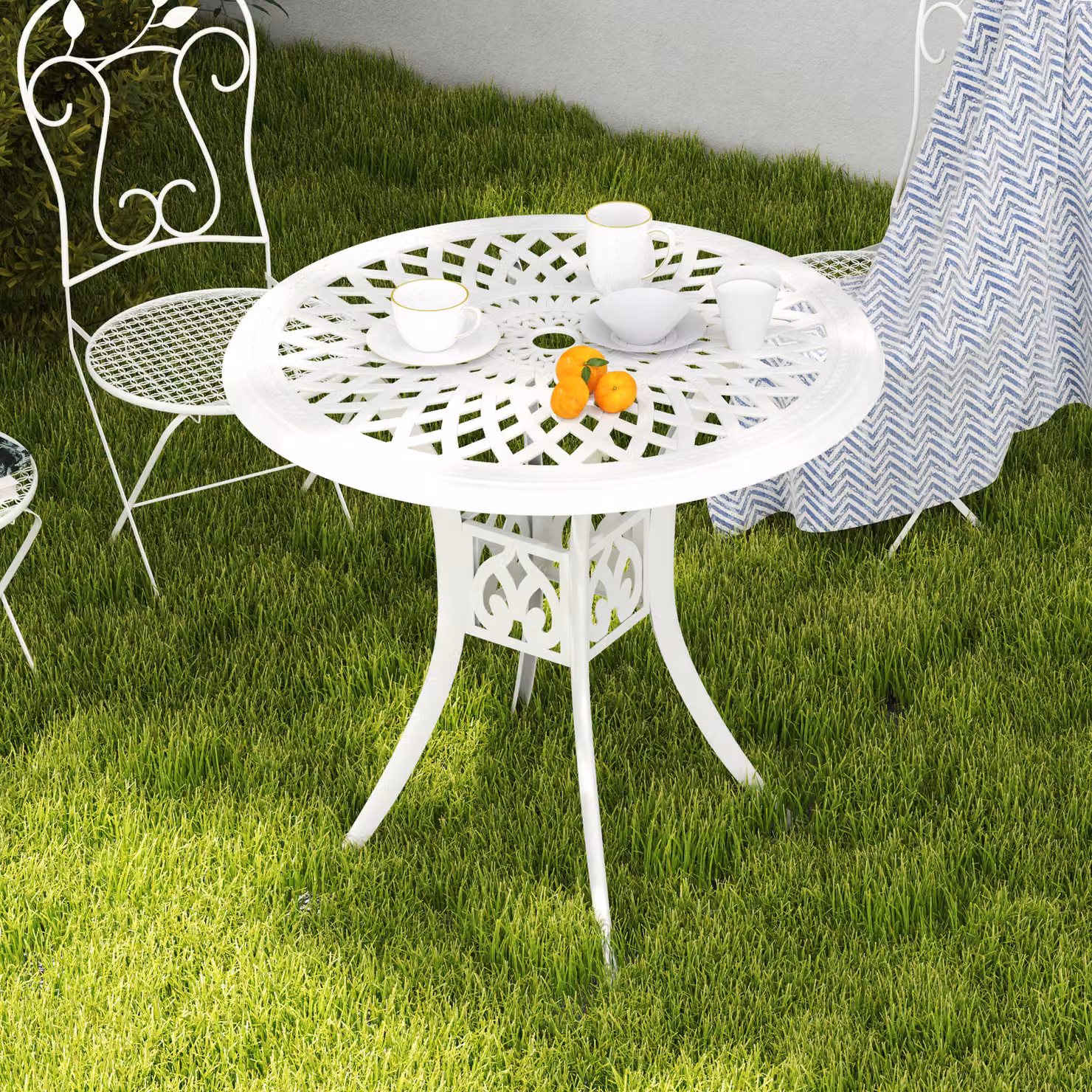 Outsunny Antique Cast Aluminium Round Garden Dining Table with Parasol Hole, White – 4
