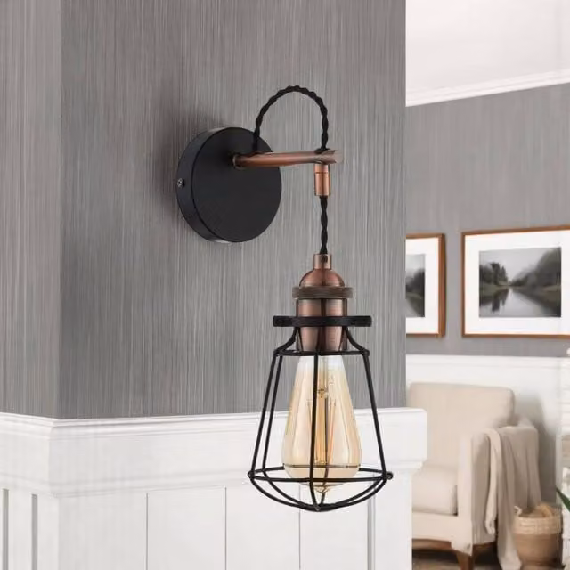 Pagazzi Lighting Montgomery Industrial LED Wall Light in Black and Copper, H 36 cm x W 20 cm x D 11.5 cm
