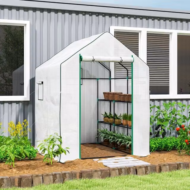 OUTSUNNY White Walk-in Freestanding Greenhouse with 8 Shelves, W/D/H: 140 x 190 x 190 cm