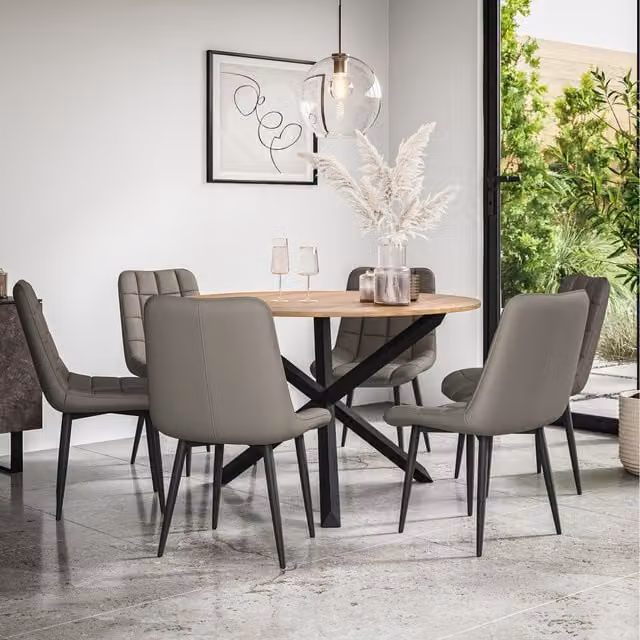 More4Homes Malvern Round Oak Effect Dining Table Set with 6 Grey Nova Faux Leather Chairs