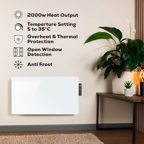 TCP 2000W White Glass Panel Heater with Side Control Panel, Timer, Weekly Program and Open Window Detection – 4