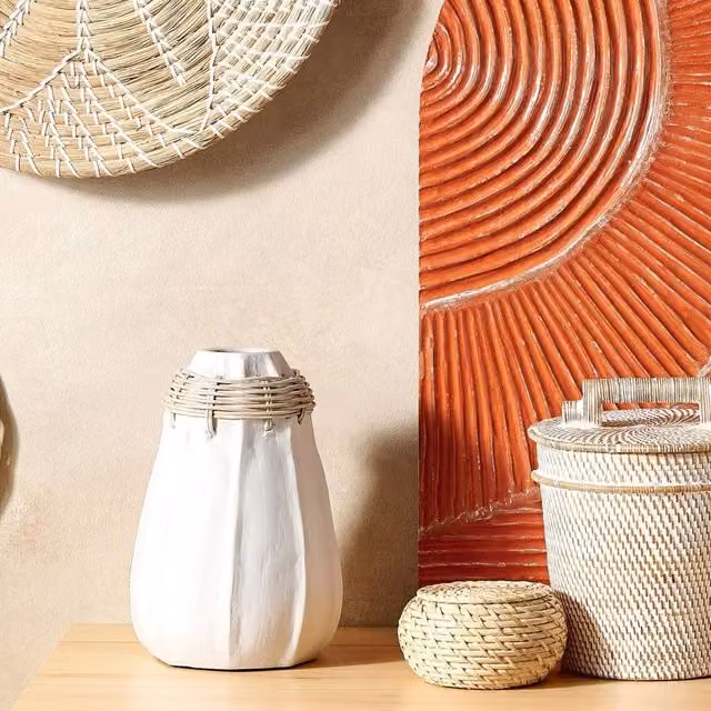 Wyld and Coco White Ceramic Terracotta Tabletop Vase with Rattan Neck