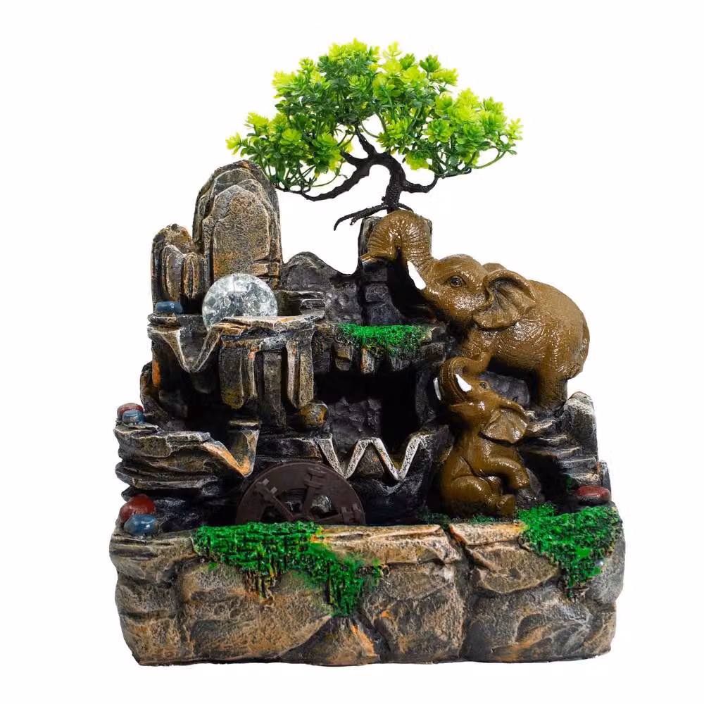 Serenityy Elephants Tabletop Water Feature with Crystal Ball and LED Light in Green and Sand, W/D/H: 30 x 20 x 35 cm – 3