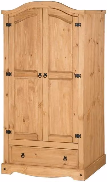 FORGEVIO Mexican Style 2 Door Wardrobe with Integrated Drawer in Natural Pine and Brown Wood