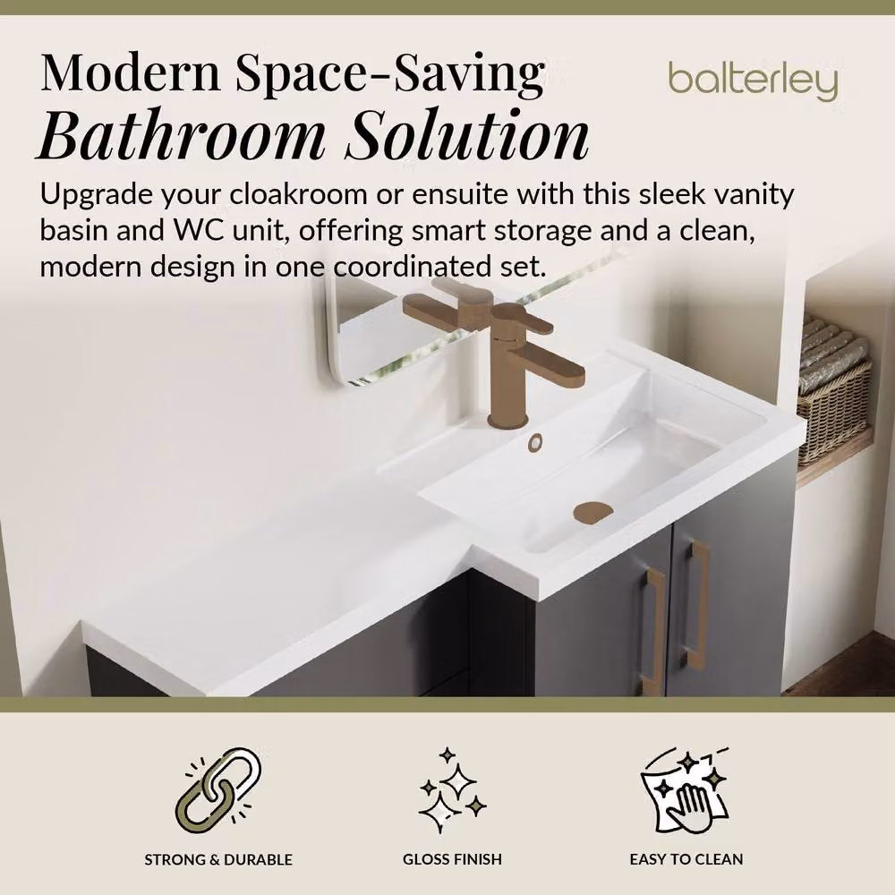 Balterley Modern Grey Right-Hand Vanity and WC Unit Combination with Brushed Bronze Details, W: 110 cm, H: 84 cm – 2
