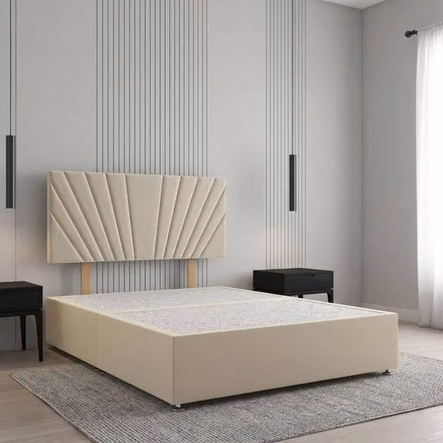 Regional Furnishings Super King Divan Bed Base with 24 inch Headboard in Beige Plush Velvet, W/D/H: 200 x 200 cm