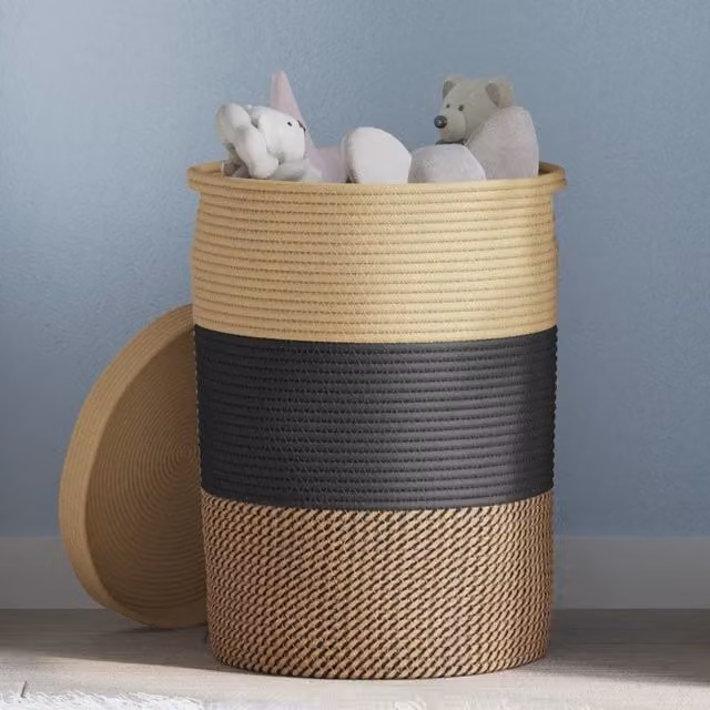 Berkfield Cotton Home Storage Basket with Lid and Handles in Black and Beige, W: 37 cm, H: 50 cm