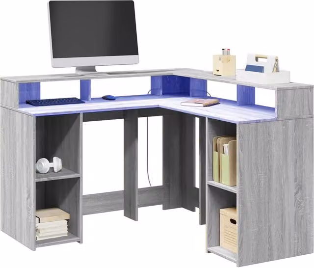 Berkfield Grey Sonoma Corner Home Office Desk with LED Lights, W/D/H: 130 x 130 x 91 cm – 1