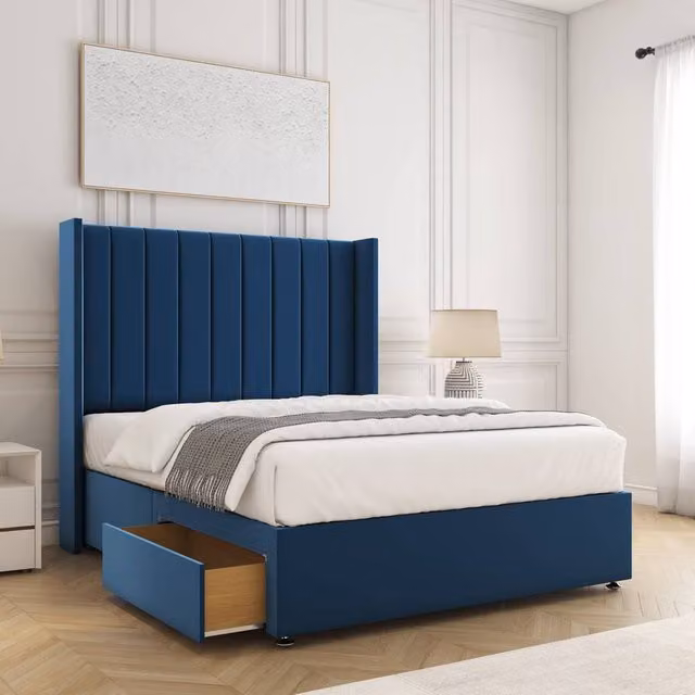 BSSPOKE Hannah King Size Divan Bed with 2 Drawers, Footend, Headboard and Mattress in Blue Plush Velvet, W/D/H: 180 x 200 cm