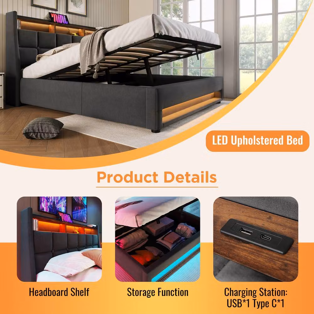 ModernLuxe Upholstered Ottoman Bed in Grey with LED Lighting, USB Charging Port and Storage Headboard, Size: Super King (W: 180 cm, D: 200 cm, H: 117 cm) – 3