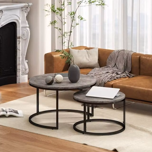 STILVORA Set of 2 Round Nesting Coffee Tables with Black Metal Frame and Grey Composite Tops