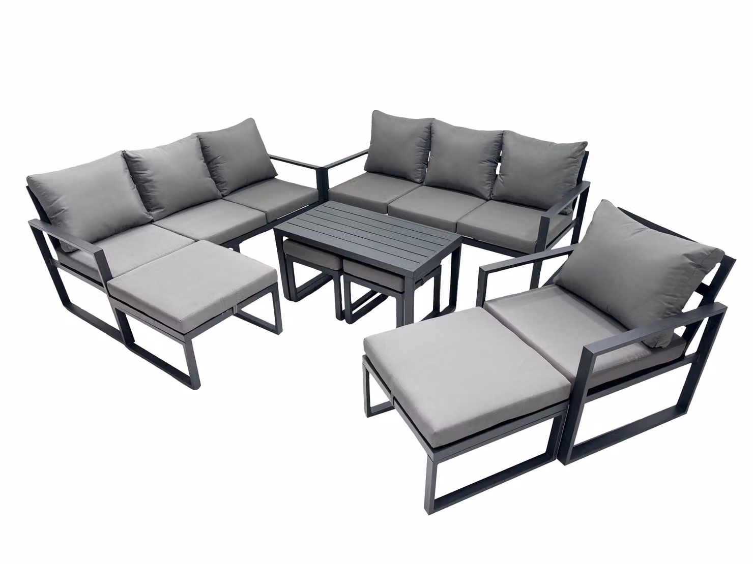 Fimous Modern Powder Coated Aluminium Outdoor Lounge Set in Dark Grey with 3 Seater Sofa, Coffee Table and 4 Ottomans – 2