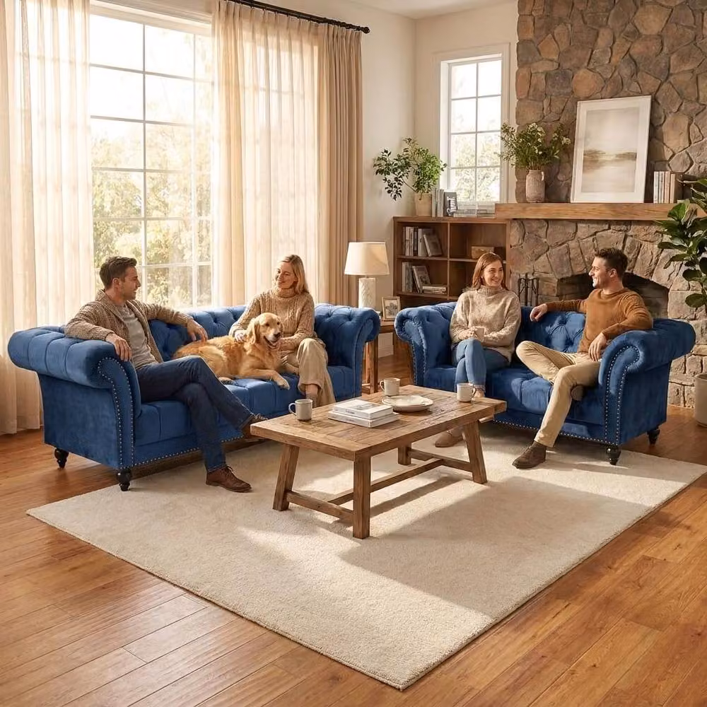 Bravich LTD Chesterfield 1 Seater Velvet Sofa in Blue with Buttoned Back and Rolled Arms – 2