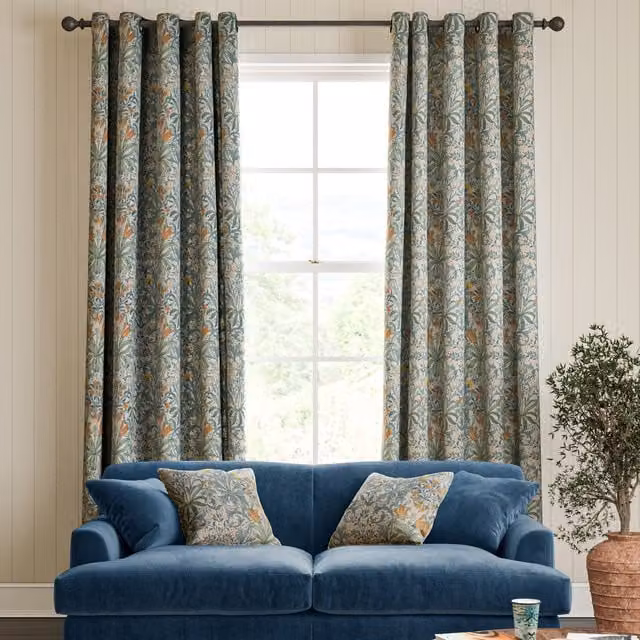 William Morris Woodland Weeds Made To Measure Blue Blackout Eyelet Curtains in Blue Floral Cotton