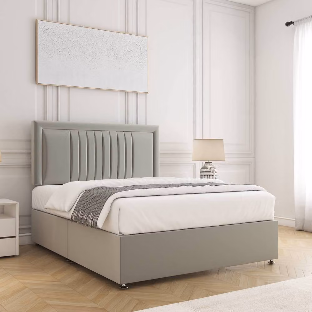 BSSPOKE Canes Divan Bed Set with 24 inch Plush Velvet Headboard and Mattress in Silver, King Size (180 x 200 cm)