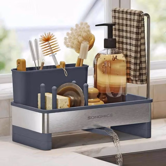The Bazaarist Stainless Steel Sink Caddy with Rotating Spout, Dark Grey and Silver
