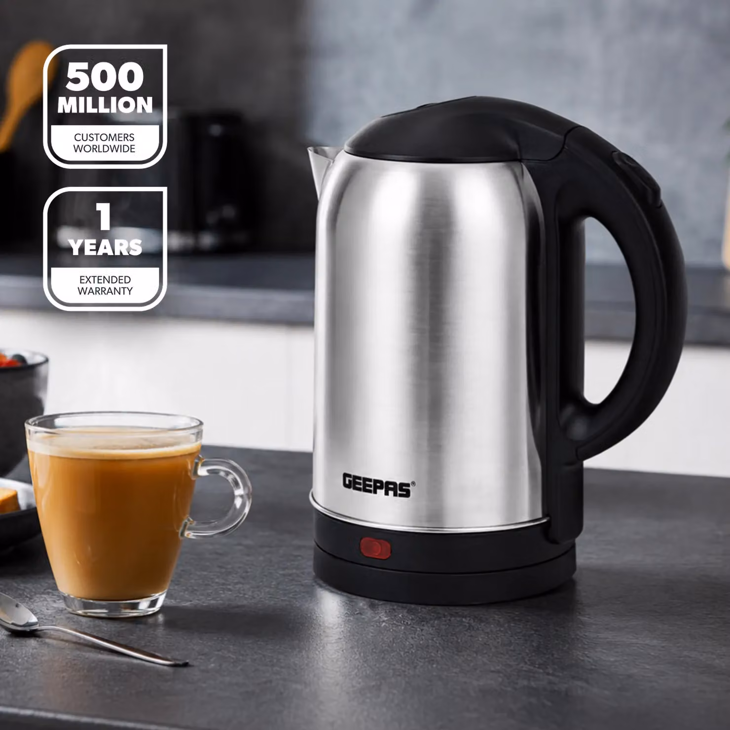 Geepas Stainless Steel Electric Kettle with Auto Shut-off, Silver, 1.8 l – 2
