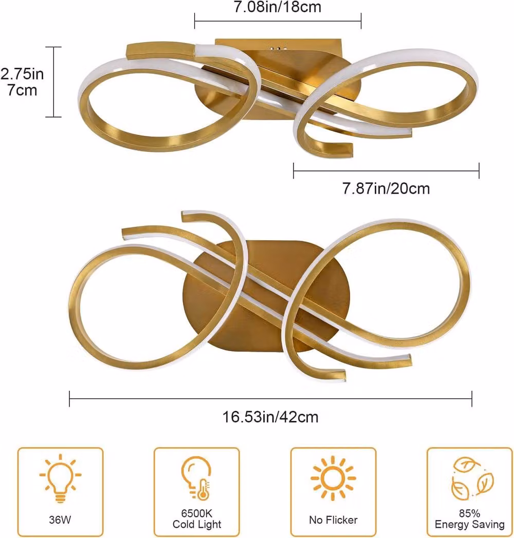 Pheashine Gold Irregular Line LED Ceiling Light, 36W, 6500K Cool White, 44cm – 2