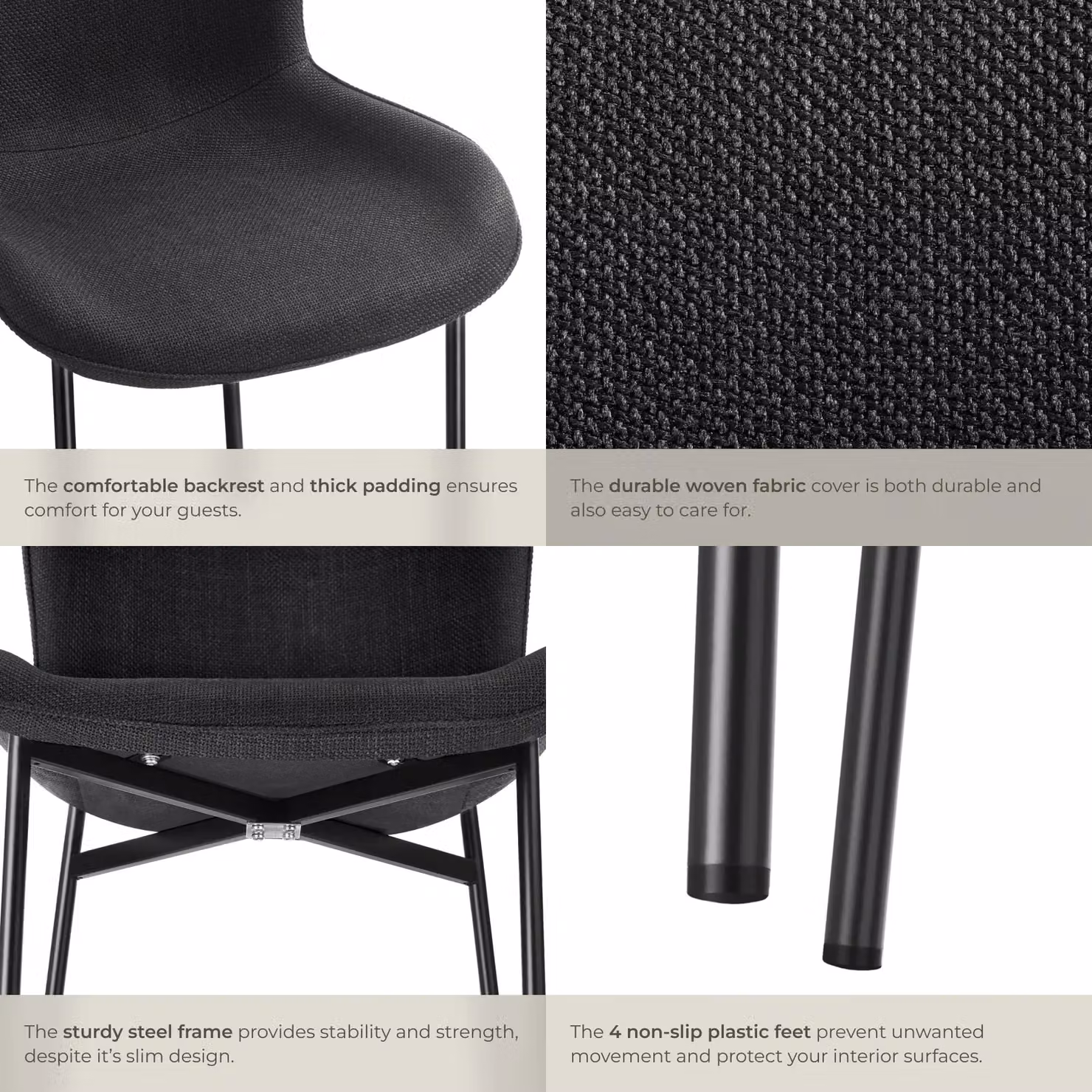 tectake Tessa Set of 2 Dining Chairs in Black Woven Fabric – 4