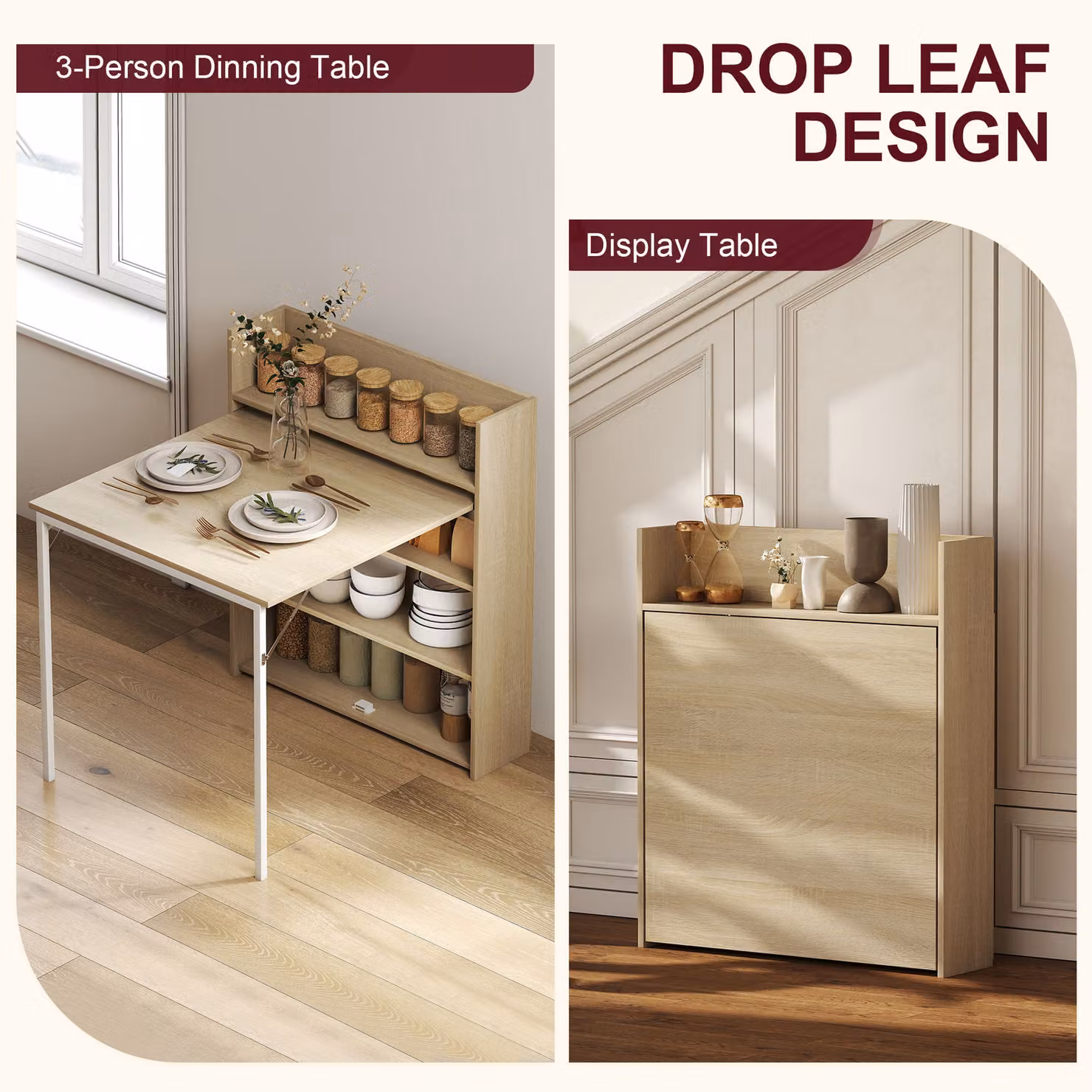 HOMCOM Modern Oak Wood Effect Folding Dining Table with 4-Tier Shelves and Butterfly Drop-Leaf Design – 3