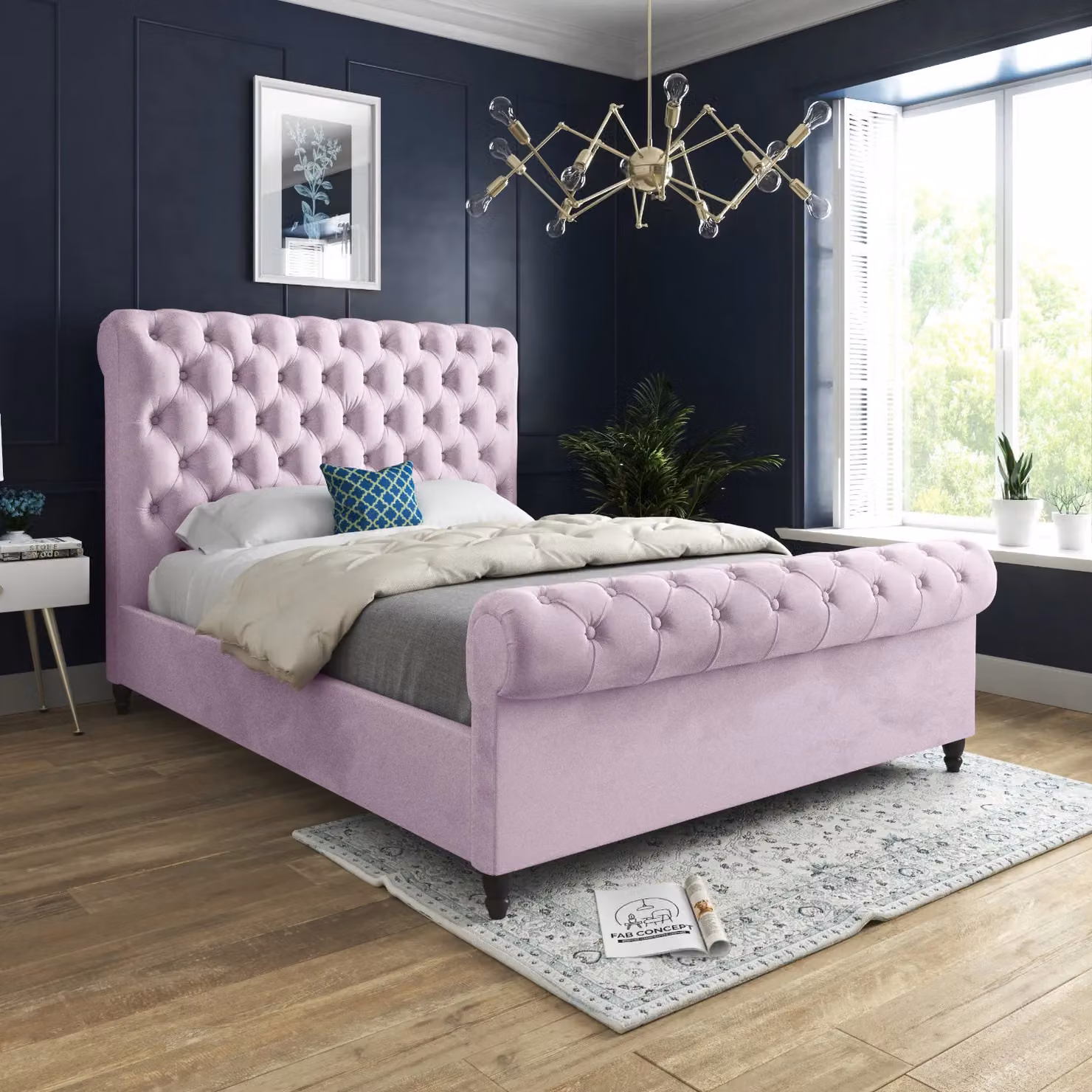 Casani Venezia Upholstered Soft Velvet Designer Bed Frame in Pink, W/D/H: 180 x 200 cm – 2